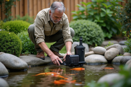 Homme d'âge moyen installe une pompe dans un bassin de jardin