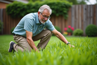Homme d'âge moyen inspectant la pelouse verte dans son jardin