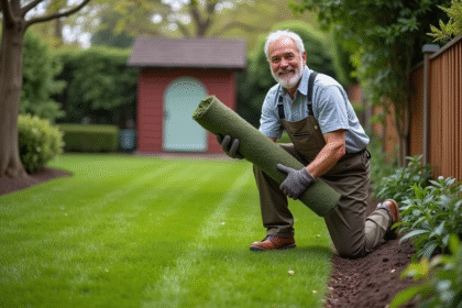 Homme en vêtements de jardinage tenant du gazon frais devant un jardin