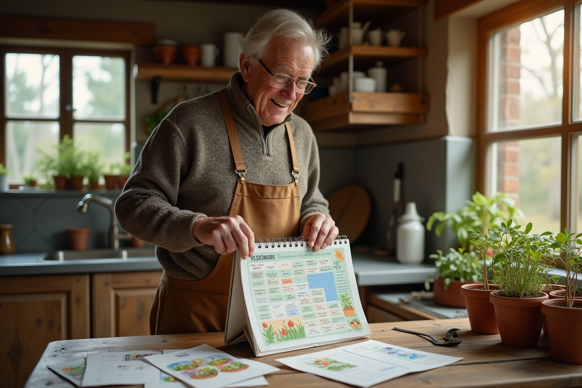 Homme âgé consulte un calendrier de jardinage