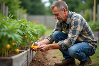 Homme inspectant des feuilles de tomates jaunes dans le jardin