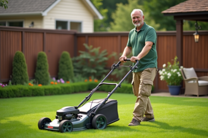 Homme souriant utilisant une tondeuse électrique dans le jardin