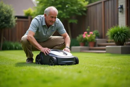 Homme inspectant une tondeuse robot dans un jardin verdoyant
