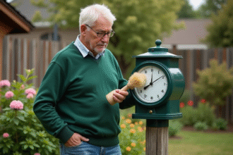 Homme en vert nettoie un pluviometre dans le jardin