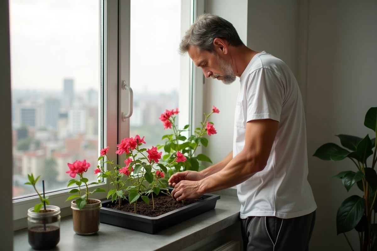 Homme cultivant des bougainvillées dans un appartement
