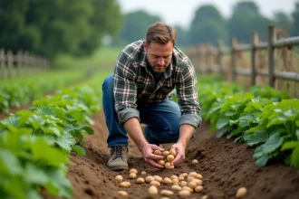 Homme récoltant des pommes de terre dans un champ rural