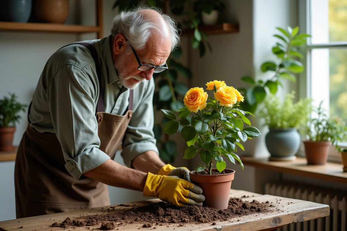 Homme âgé repotant un laurier rose dans une pièce lumineuse