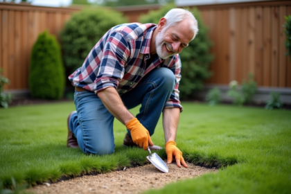 Homme d'âge moyen en jeans et chemise à carreaux plantant du gazon