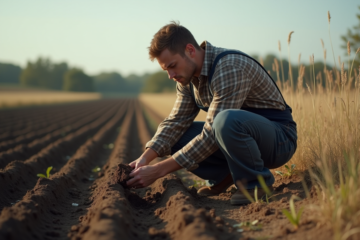 Jeune homme inspectant la terre dans un champ
