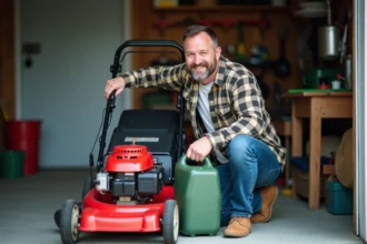 Homme moyenâgeux remplissant une tondeuse dans un garage