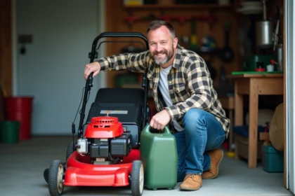 Homme moyenâgeux remplissant une tondeuse dans un garage