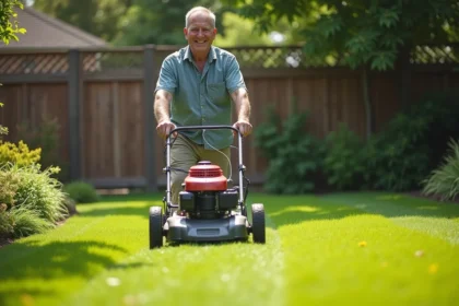 Homme d'âge moyen poussant une tondeuse traditionnelle dans le jardin
