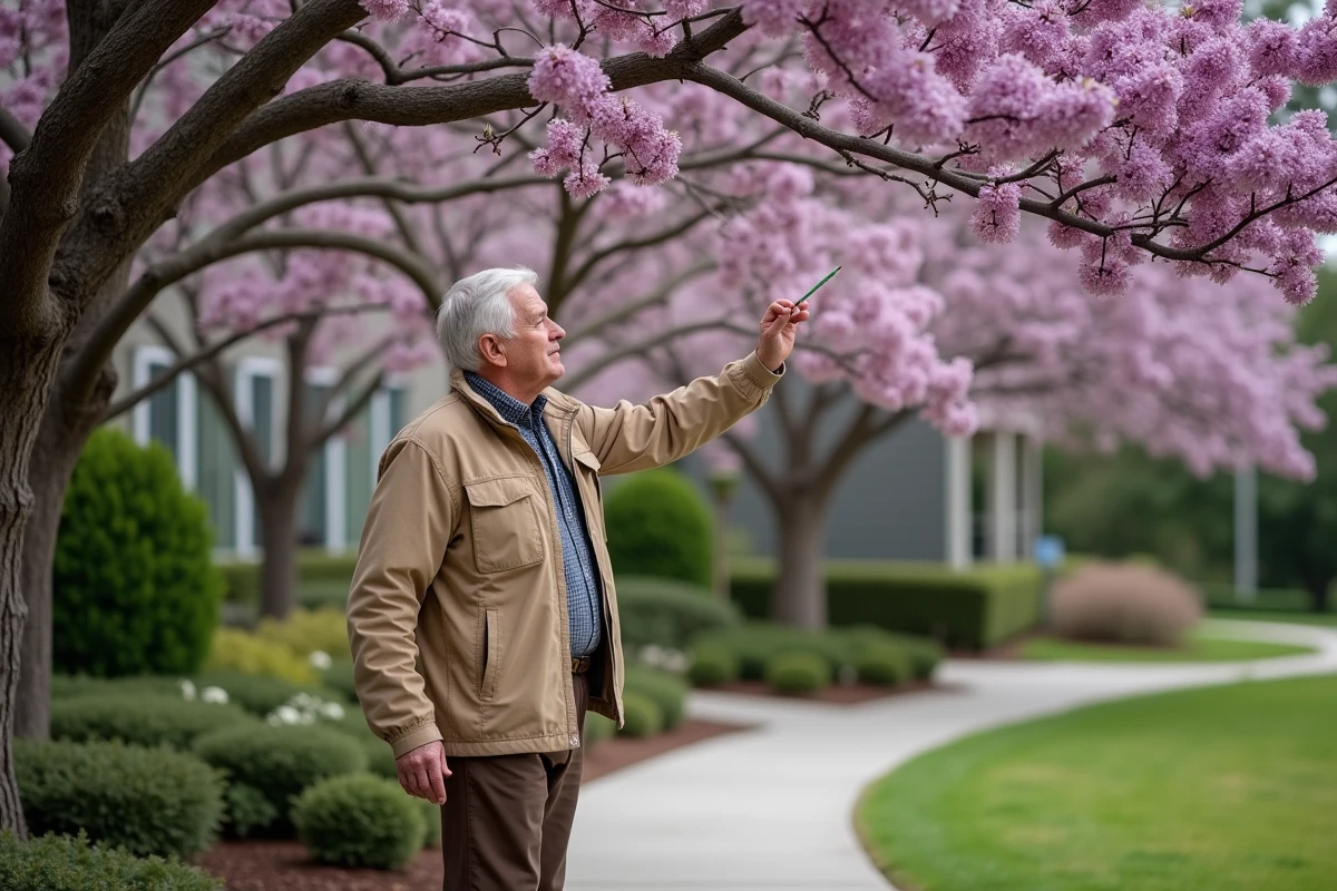 Homme âgé inspectant branches de crepe myrtle en fleurs
