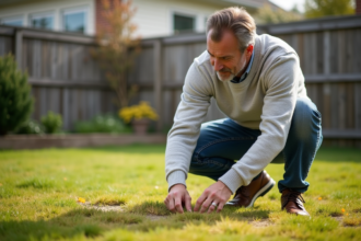 Homme inspectant la pelouse jaune dans un jardin résidentiel