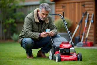Homme vérifiant un petit réservoir de carburant dans le jardin