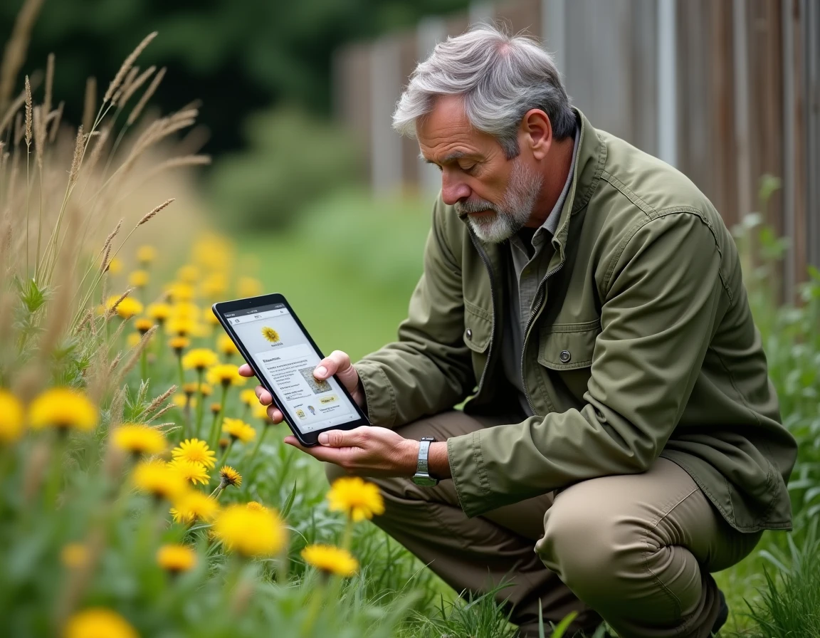 Homme identifiant une fleur sauvage avec une application botanique sur tablette dans un jardin naturel