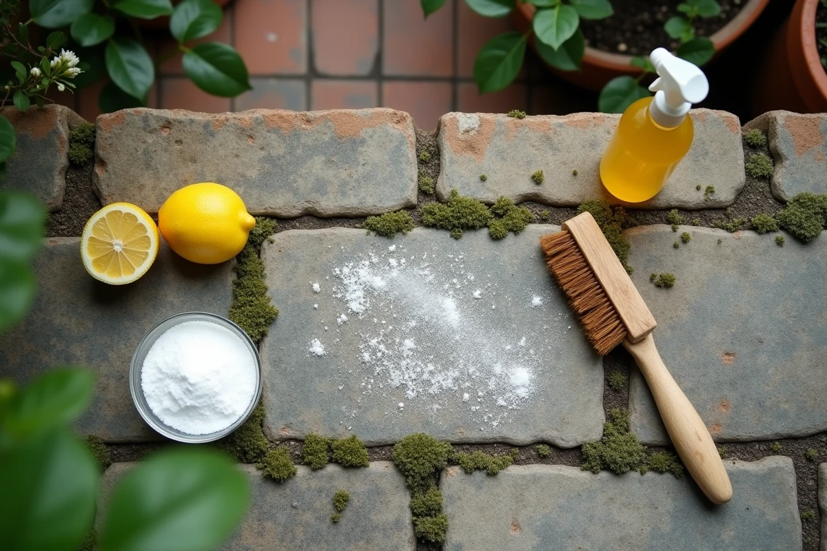 Vue de dessus des ingrédients de cuisine pour désherber un pavé autobloquant : citron, bicarbonate, vinaigre et brosse sur pavés envahis par les herbes