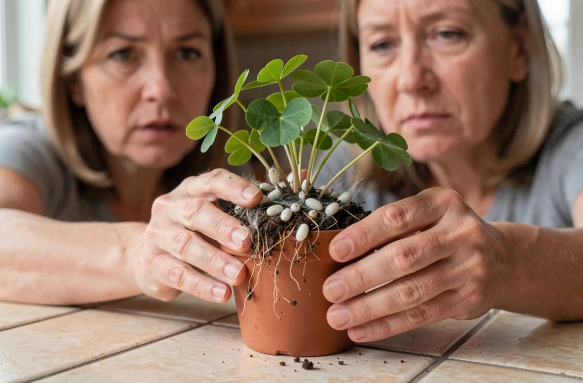 Jardinière inspectant les racines d'un Oxalis en pot infesté de cochenilles farineuses