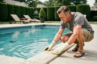 Propriétaire inspectant le bord d'une piscine extérieure pour détecter la présence de vers dans l'eau