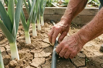 Mains d'agriculteur installant un système de goutte-à-goutte au pied de plants de poireaux en période de sécheresse