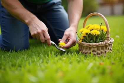 Personne arrosant des pissenlits dans un jardin ensoleille
