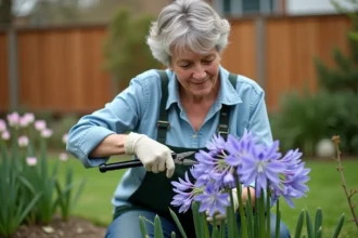 Femme jardinant agapanthus dans un jardin printanier