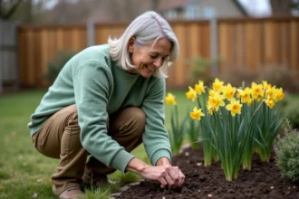 Femme plantant des jonquils dans le jardin au printemps