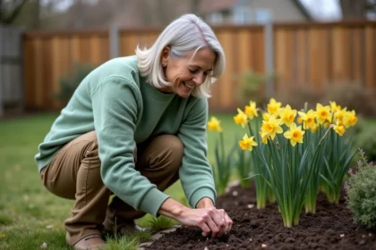 Femme plantant des jonquils dans le jardin au printemps
