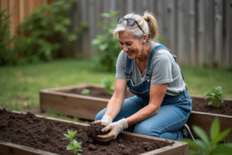 Femme en jardinage examine la terre dans son jardin