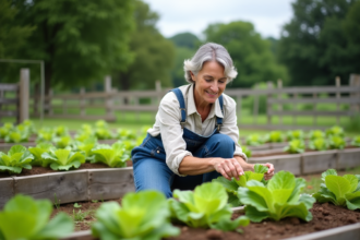 Femme en salopette denim inspectant des laitues dans un jardin