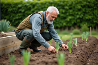 Homme d'âge moyen plantant des poireaux dans un jardin