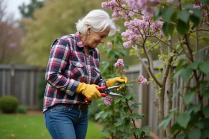 Femme taillant un jeune crepe myrtle dans le jardin