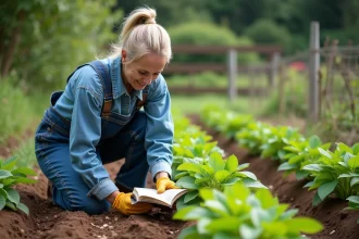 Femme en salopette de denim plantant des haricots dans un jardin