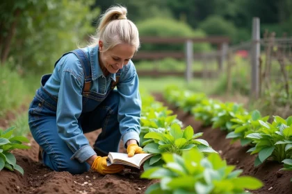 Femme en salopette de denim plantant des haricots dans un jardin