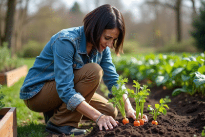 Femme plantant des jeunes légumes dans un jardin bio