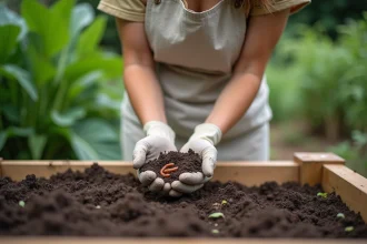 Jardinière débutante inspectant des vers de terre dans la terre d'un potager surélevé en bois