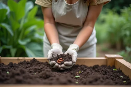 Jardinière débutante inspectant des vers de terre dans la terre d'un potager surélevé en bois
