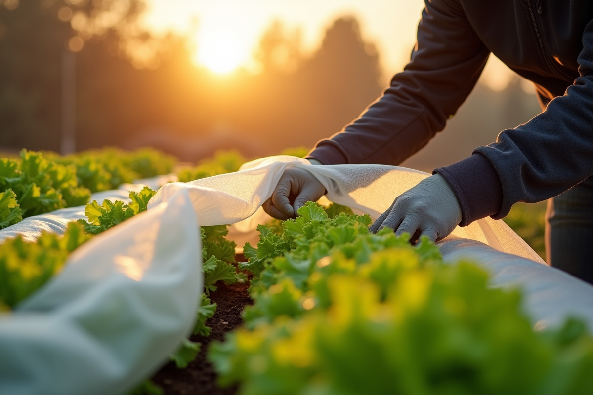 Jardinier couvre délicatement des rangées de laitues au lever du soleil