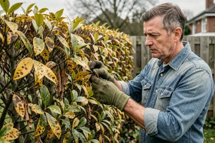 Jardinier inspectant les feuilles malades d'une haie de laurier avec des taches et un feuillage jauni