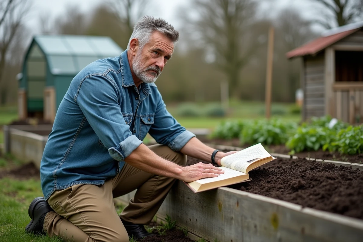 Jardinier consultant un livre de permaculture agenouillé près d'un carré potager en début de saison printanière