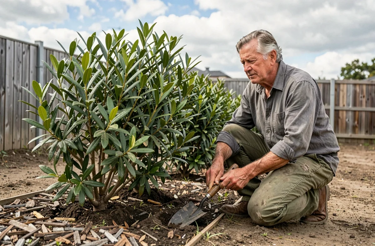 Jardinier expérimenté inspectant une rangée de jeunes plants de Pittosporum Kohuhu fraîchement mis en terre en haie