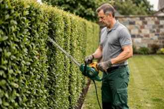 Jardinier professionnel en train de tailler une haie de buis avec une taille-haie électrique dans un jardin résidentiel soigné