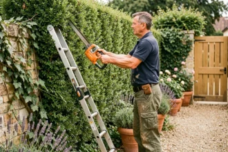 Jardinier professionnel taillant une haie de buis haute avec un taille-haie électrique dans un jardin résidentiel français