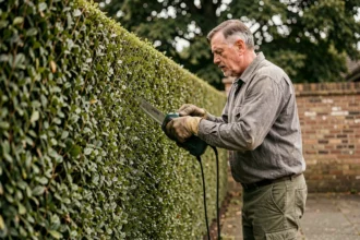 Jardinier professionnel taillant une haute haie de buis avec une taille-haie électrique dans un jardin résidentiel