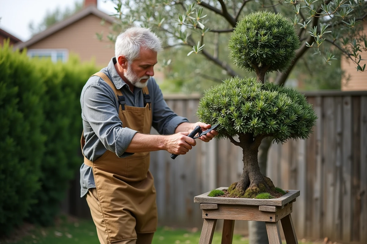 Jardinier professionnel réalisant une taille en nuage sur un olivier dans un jardin résidentiel
