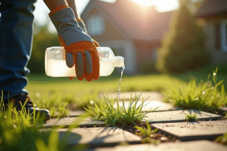 Personne en gants de jardinage versant du vinaigre blanc sur des mauvaises herbes entre pavés