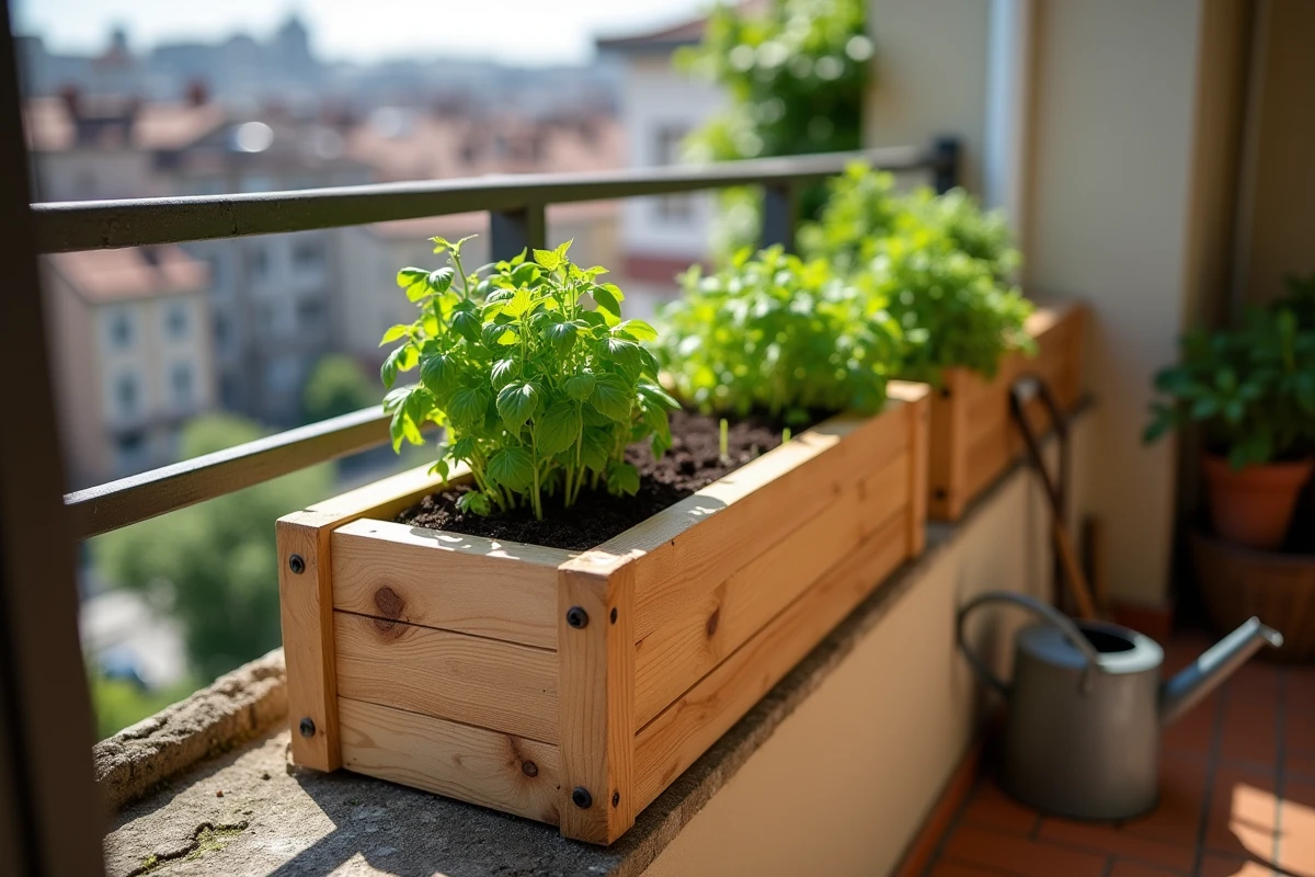 Jardinière en bois fait maison remplie d'herbes aromatiques posée sur un balcon urbain