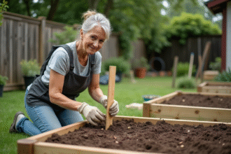 Femme d'âge moyen en jardinage avec une jardinière en bois