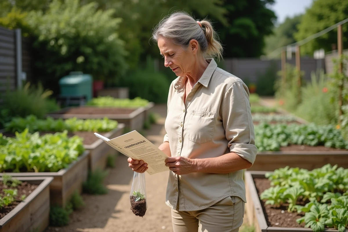 Femme jardinière inquiète observant une zone de sol stérile dans son potager après utilisation d'AdBlue comme désherbant