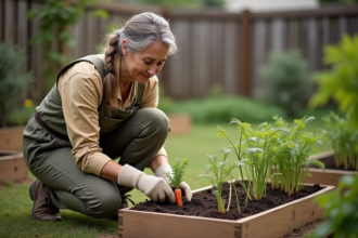 Femme d'âge moyen transplantant une jeune carotte dans le jardin